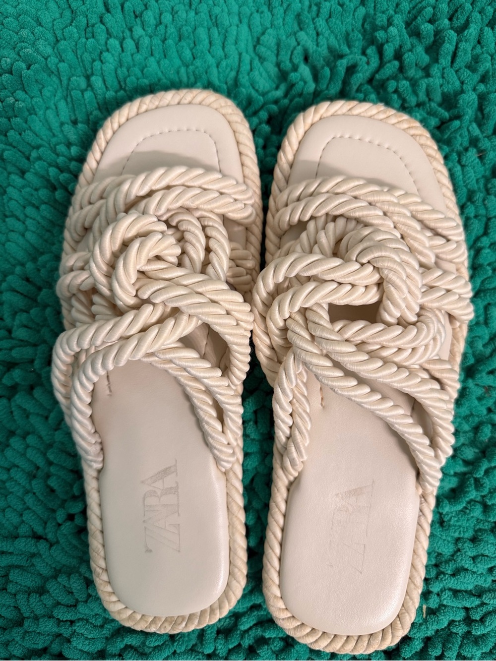 ZARA Cream Braided Rope Slide Sandals - Preowned